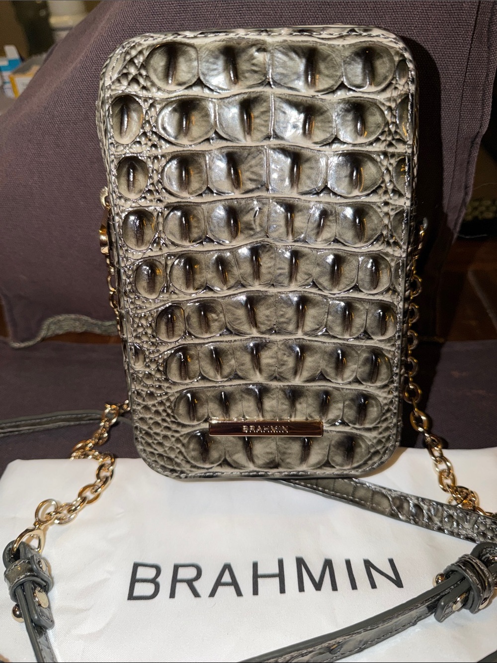 Grey Brahmin zip phone wallet -Embossed Grey colored